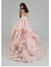 Beaded Ivory Lace Pink Chiffon Ruffle Wedding Dress